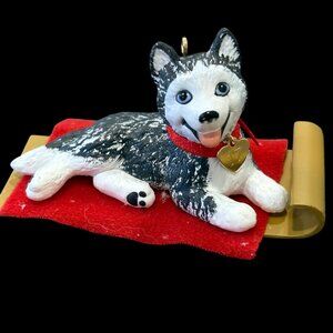 Husky Dog Christmas Ornament With Red Blanket & Gold Sled Hallmark